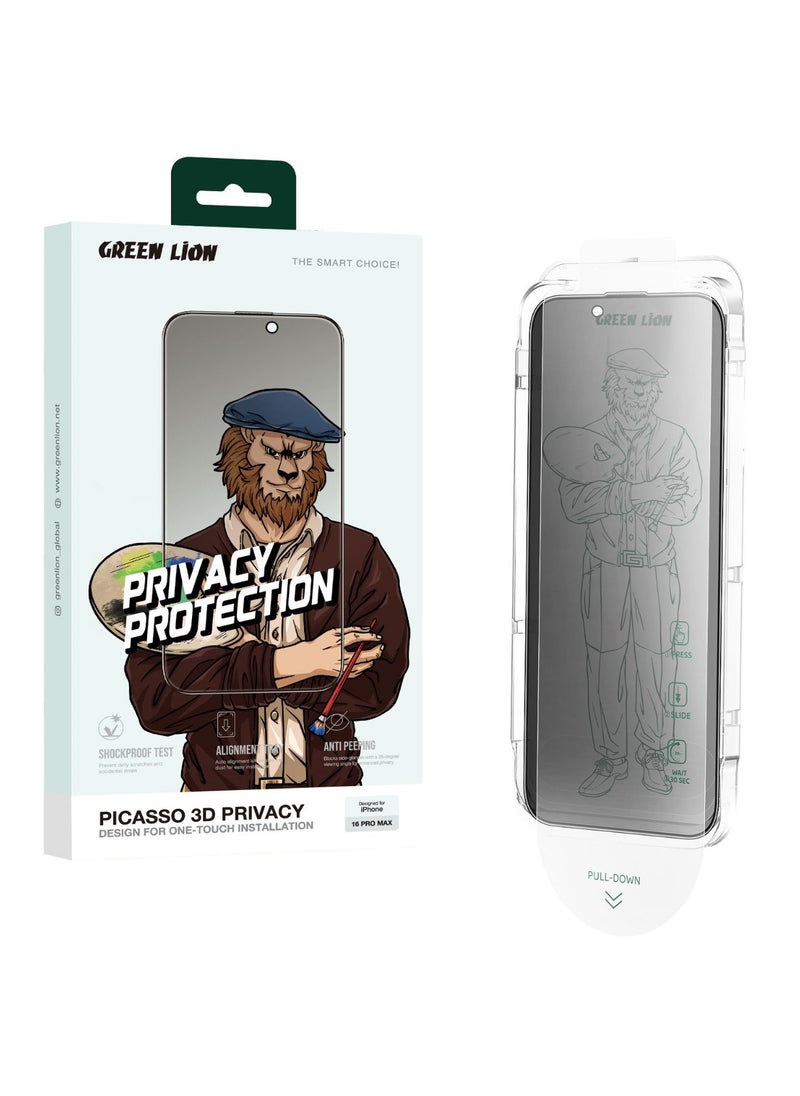 GREEN LION - iPhone 16 Pro Max Screen Protector Picasso 3D Privacy Glass with Alignment Tray / Anti-Scratch / Anti-Peeping / Anti Fingerprint / Bubble Free / Crystal Clear / Highly Responsive - Black Edge/Privacy - Image 1