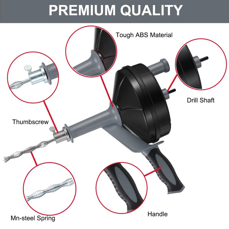 BACEYIOU Drain Auger, Clog Remover with Drill Adapter, 25 Feet Flexible Plumbing Snake Use Manually or Powered for Kitchen,Bathrom and Shower Sink, Comes with Gloves(Gray) - Image 2