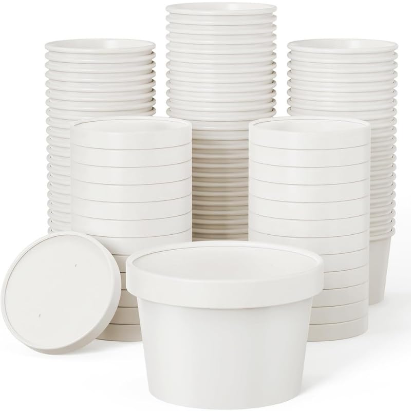 VELEXE White Kraft Paper Food Container Pack of 100 1250ml 127x132x10 CM EcoFriendly Takeaway Containers Biodegradable Disposable Food Containers for Party Catering Takeout Delivery - Image 1