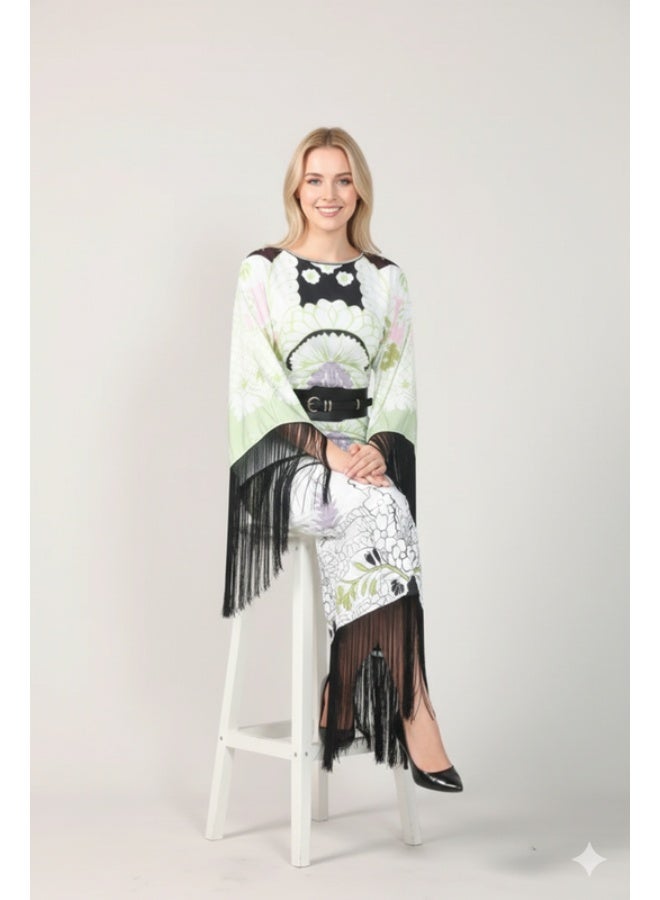FULL JOY Maxi Printed Evening Dress with Wide Sleeves and Black Belt - Image 2