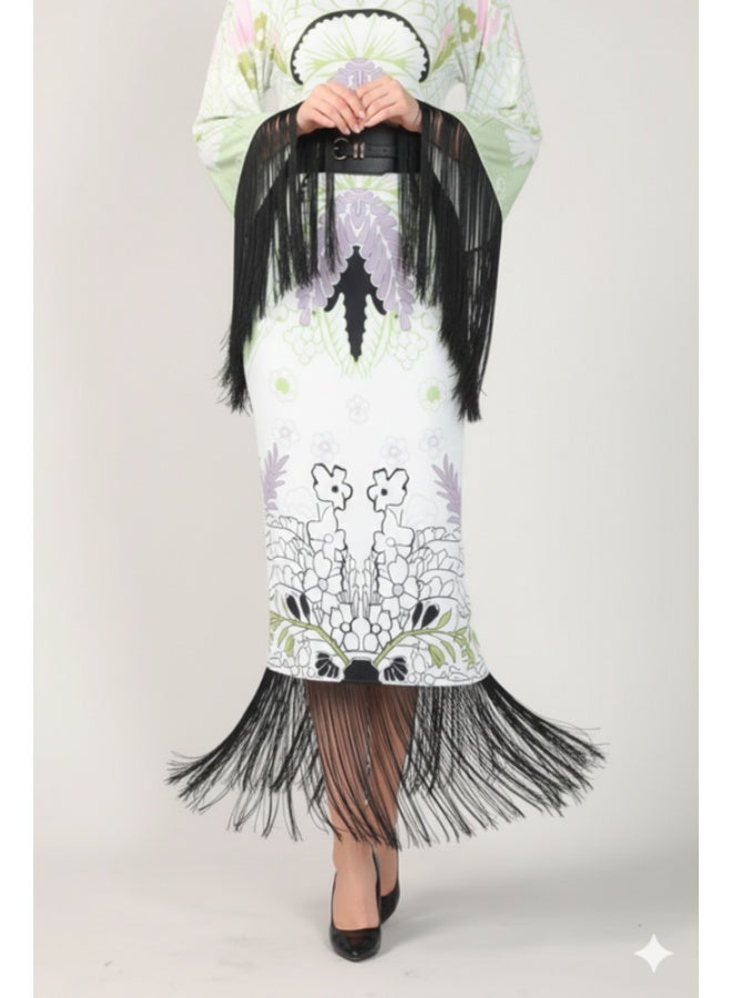 FULL JOY Maxi Printed Evening Dress with Wide Sleeves and Black Belt - Image 4