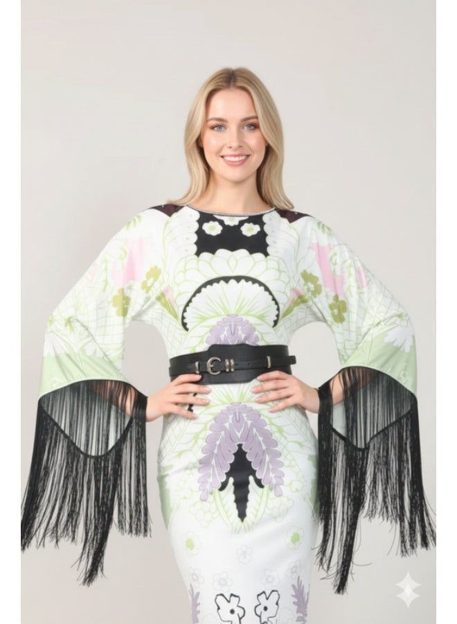 FULL JOY Maxi Printed Evening Dress with Wide Sleeves and Black Belt - Image 3