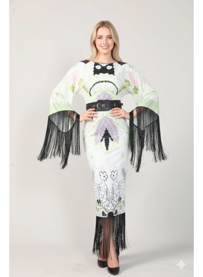 FULL JOY Maxi Printed Evening Dress with Wide Sleeves and Black Belt - Image 1