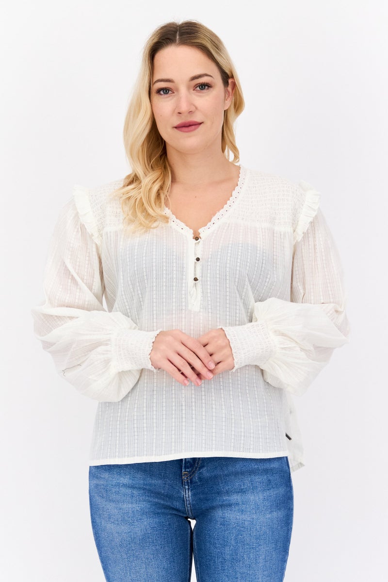 Pepe Jeans Women V-Neck Long Sleeves Textured Blouse, Off White - Image 1