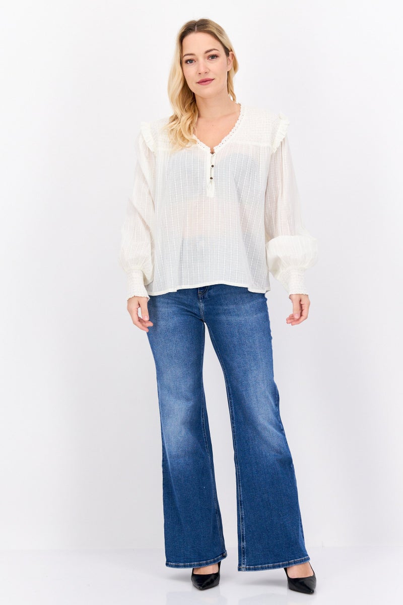 Pepe Jeans Women V-Neck Long Sleeves Textured Blouse, Off White - Image 4