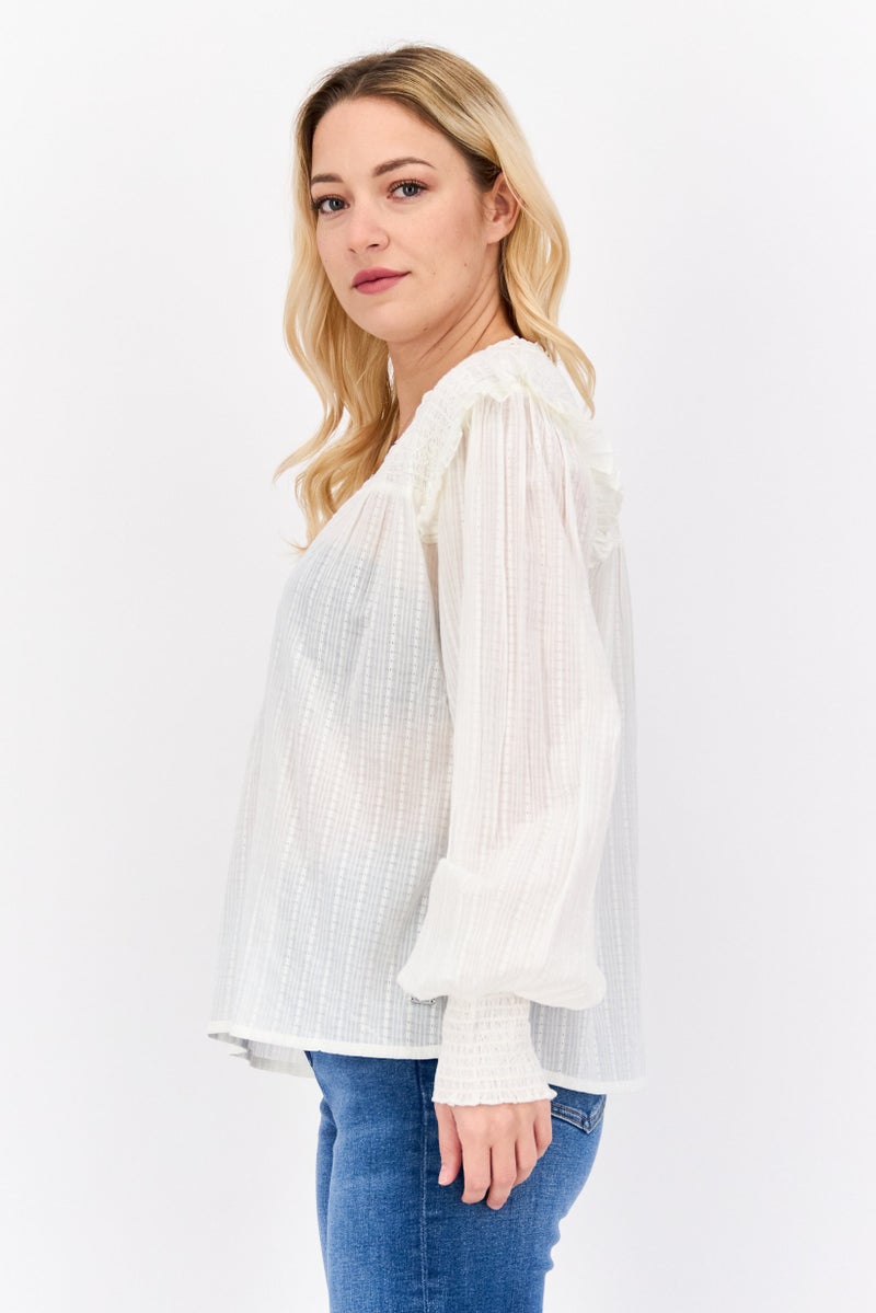 Pepe Jeans Women V-Neck Long Sleeves Textured Blouse, Off White - Image 2