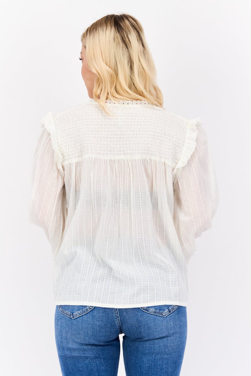 Pepe Jeans Women V-Neck Long Sleeves Textured Blouse, Off White - Image 3
