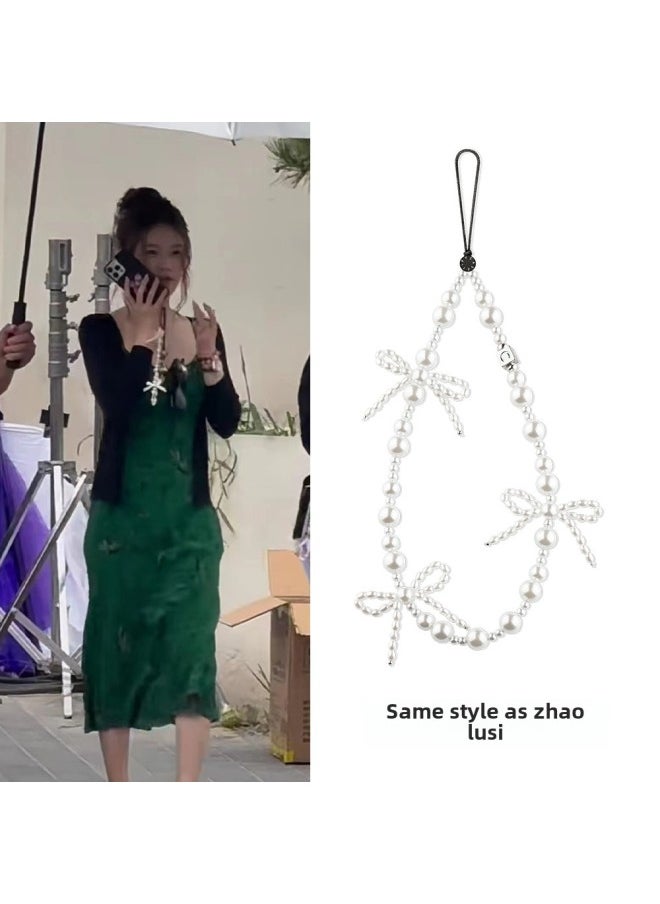 Generic - Zhao Lusi Star Same-style Mobile Phone Case Hanging Chain Snowflake Bow Pearl Hanging Chain Bead Chain Hanging Chain Pearl Short-Color:Cherry Bow Mobile Phone Chain - Image 1