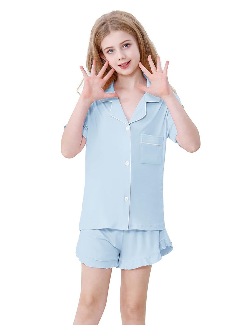 Schbbbta Pajamas for Girls Ruffle Button Down Sleepwear 2 Piece Pjs Set Soft Loungewear Nightwear, Blue, 7-8 Years - Image 3