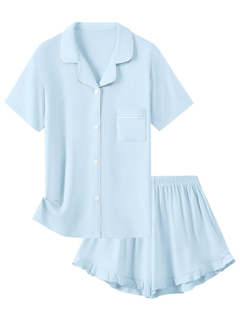 Schbbbta Pajamas for Girls Ruffle Button Down Sleepwear 2 Piece Pjs Set Soft Loungewear Nightwear, Blue, 7-8 Years - Image 1