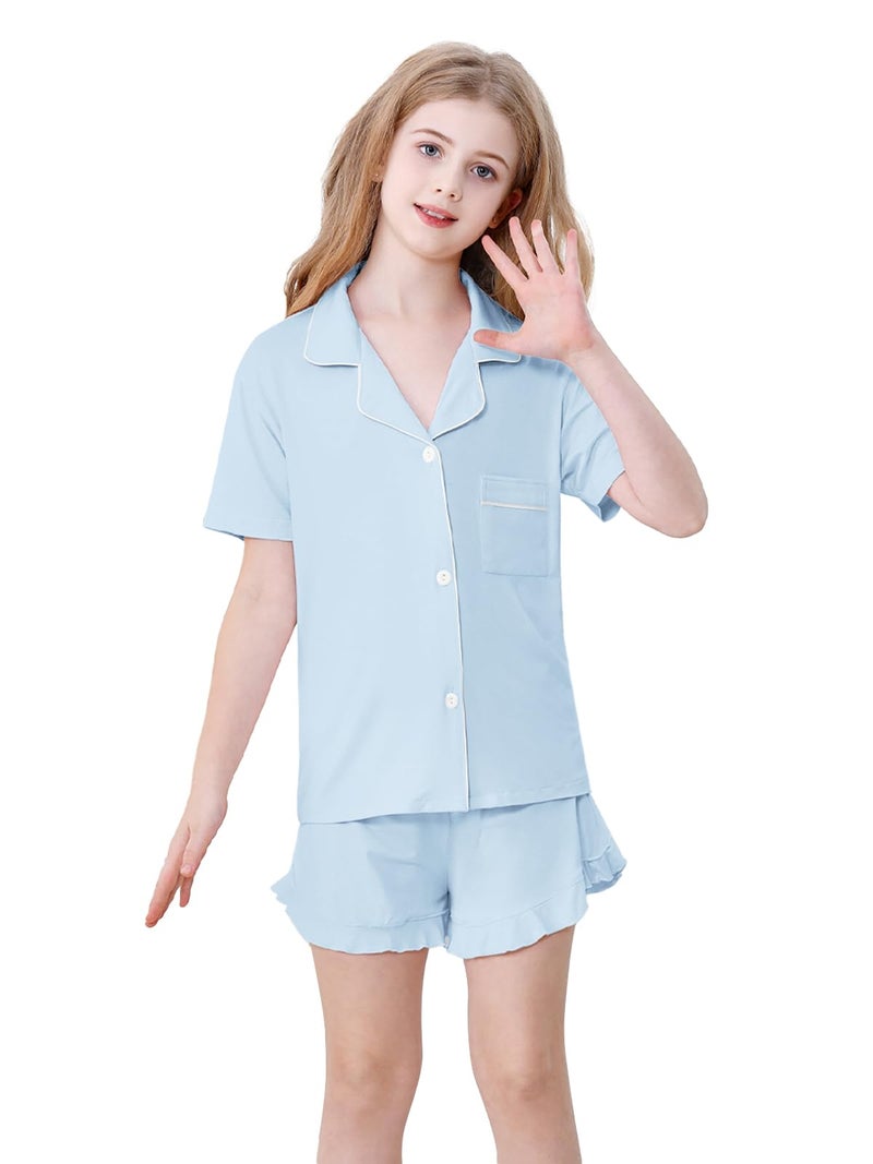Schbbbta Pajamas for Girls Ruffle Button Down Sleepwear 2 Piece Pjs Set Soft Loungewear Nightwear, Blue, 7-8 Years - Image 5