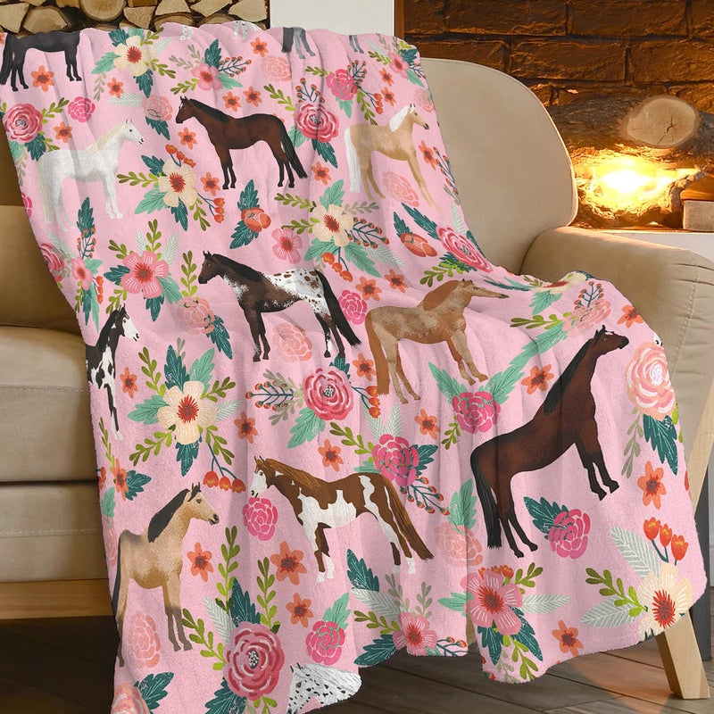 exroozy Horse Blanket Gifts for Girls Women Western Horses Flowers Print Fleece Flannel Throw Blankets Soft Lightweight Animal Plush Stuffed Pink Throws for Kids Adults Bed Sofa Decor 50"x40" - Image 3