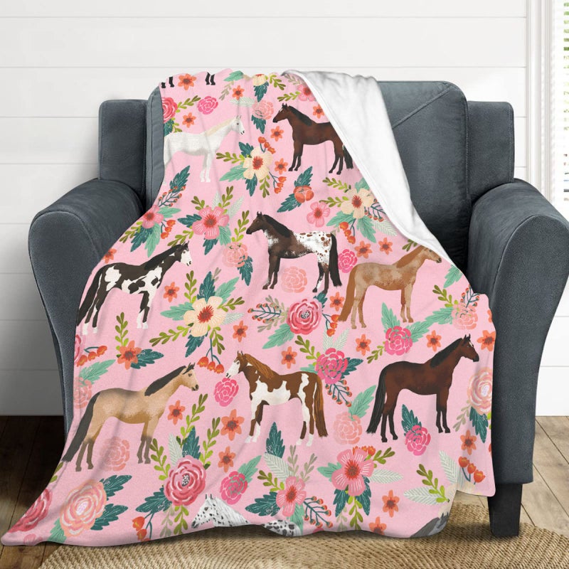 exroozy Horse Blanket Gifts for Girls Women Western Horses Flowers Print Fleece Flannel Throw Blankets Soft Lightweight Animal Plush Stuffed Pink Throws for Kids Adults Bed Sofa Decor 50"x40" - Image 5