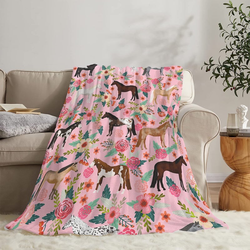 exroozy Horse Blanket Gifts for Girls Women Western Horses Flowers Print Fleece Flannel Throw Blankets Soft Lightweight Animal Plush Stuffed Pink Throws for Kids Adults Bed Sofa Decor 50"x40" - Image 2