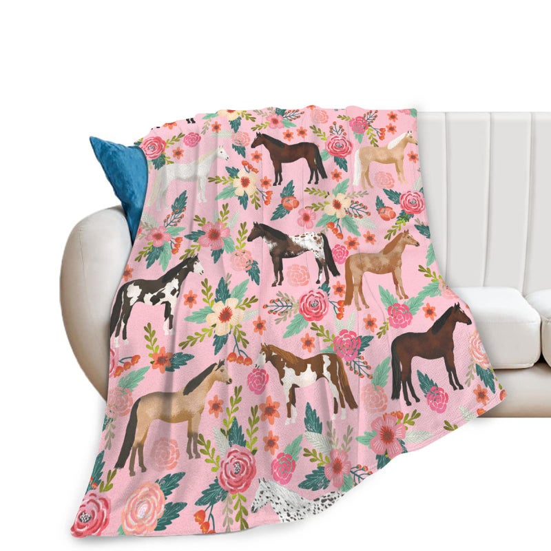 exroozy Horse Blanket Gifts for Girls Women Western Horses Flowers Print Fleece Flannel Throw Blankets Soft Lightweight Animal Plush Stuffed Pink Throws for Kids Adults Bed Sofa Decor 50"x40" - Image 1