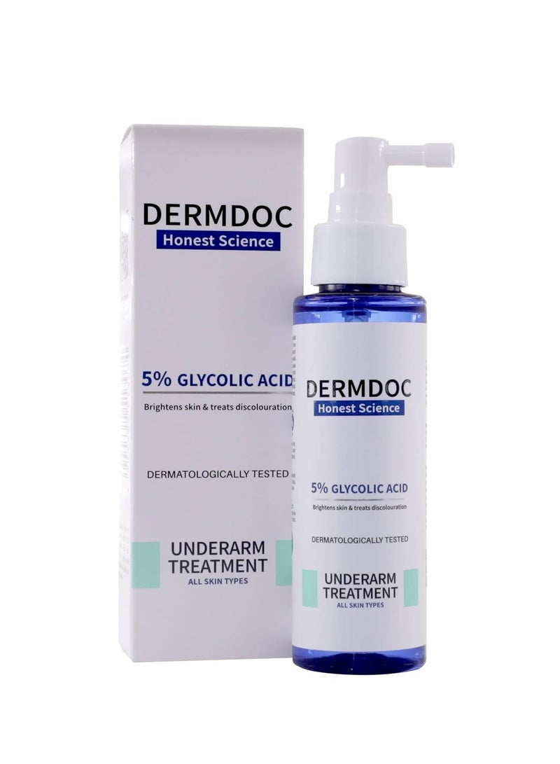DERMDOC 5% Glycolic Acid Underarm Brightening Spray Treatment (100ml) | Multipurpose Exfoliating Toner For Dark Spots On Face & Body | Reduces Hyperpigmentation | Evens Skin Tone | Controls Odour | Helps with Dark Neck & Knees, Strawberry Legs - Image 1