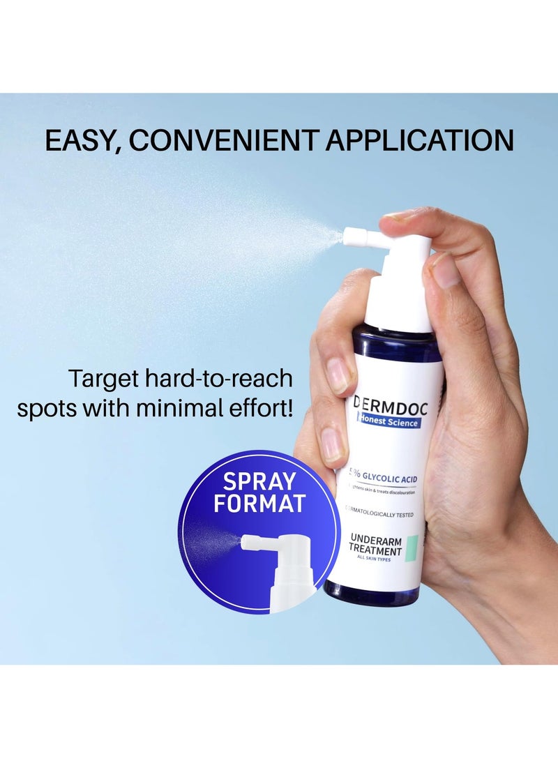 DERMDOC 5% Glycolic Acid Underarm Brightening Spray Treatment (100ml) | Multipurpose Exfoliating Toner For Dark Spots On Face & Body | Reduces Hyperpigmentation | Evens Skin Tone | Controls Odour | Helps with Dark Neck & Knees, Strawberry Legs - Image 5