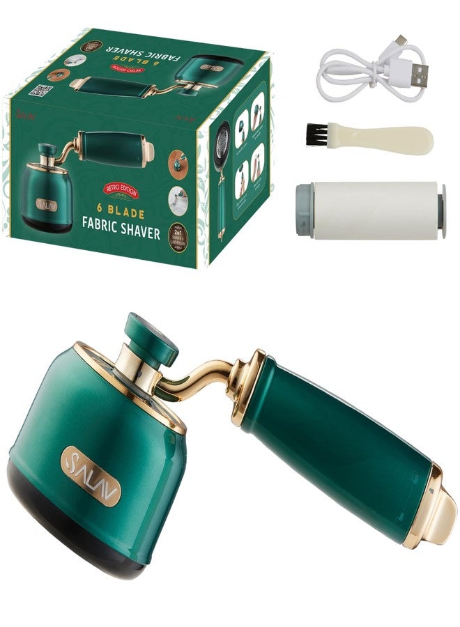 SALAV® Retro Edition Rechargeable Fabric Shaver and Lint Roller with 6-Blade System Removes Fuzz and Piling on Fabrics, with Charging Cable and Mini Brush (Emerald) - Image 2
