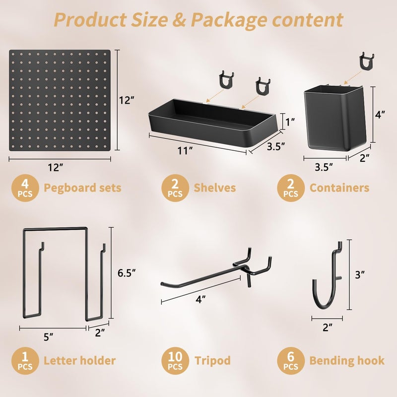 FZK Peg Board,25pcs PegBoard Wall Organizer,Includes 4 Black Pegboard and Accessories,Plastic PegBoard for Room,Office, Game Room,Kitchen and Bathroom - Image 2