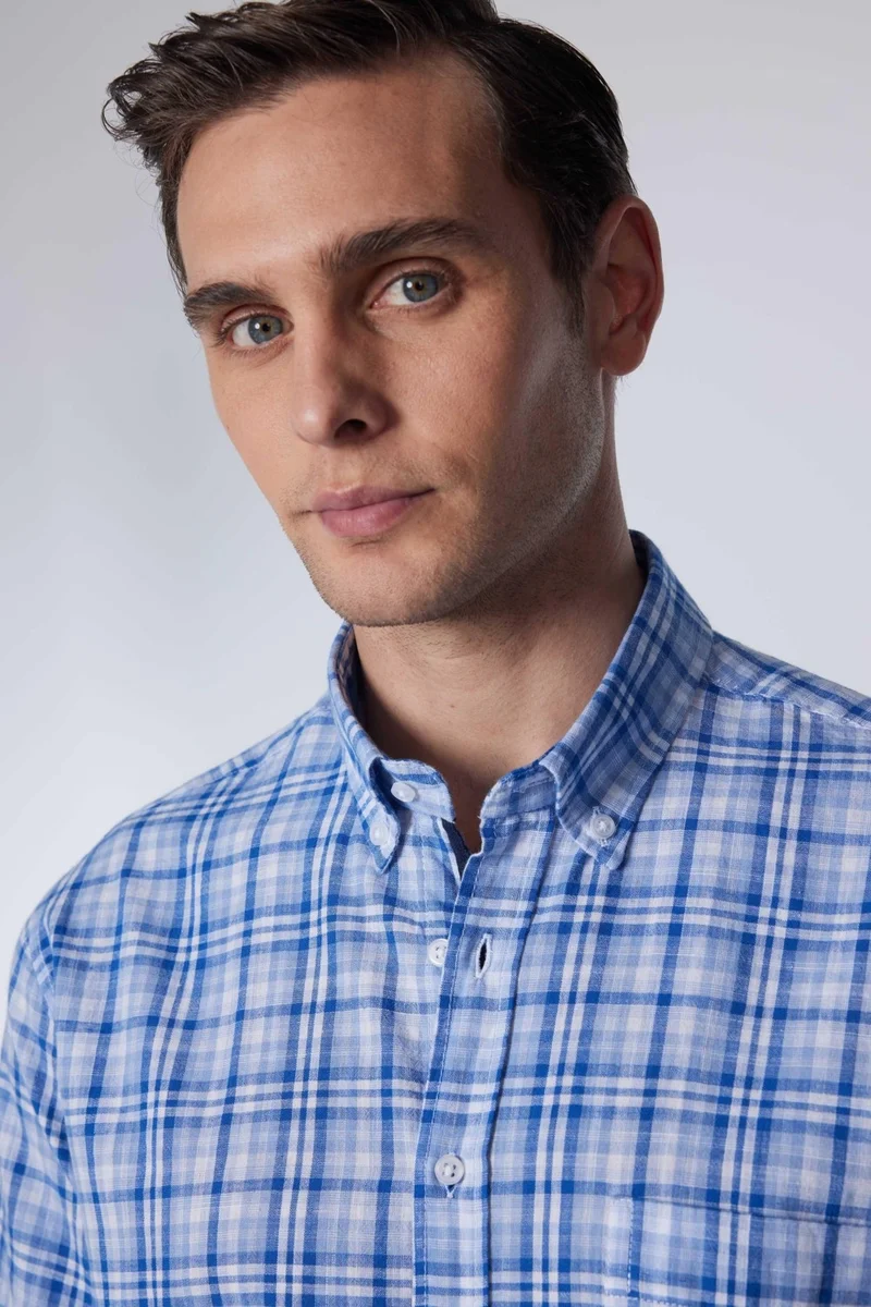 تودورس Classic Fit Short Sleeve Button Collar Single Pocket Checked Summer Linen Effect Men's Shirt