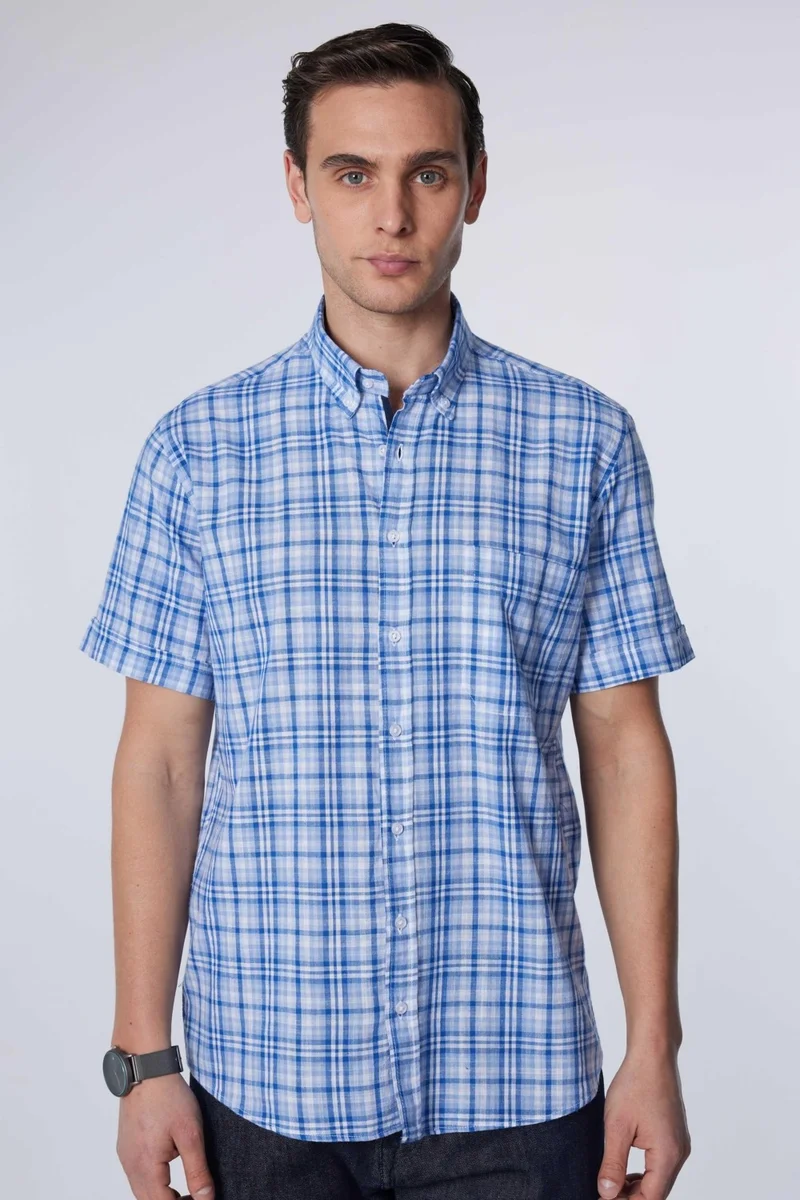 تودورس Classic Fit Short Sleeve Button Collar Single Pocket Checked Summer Linen Effect Men's Shirt