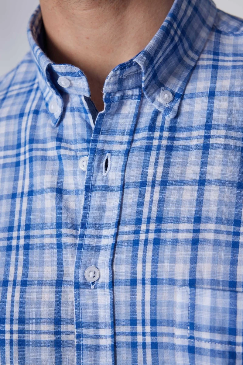 تودورس Classic Fit Short Sleeve Button Collar Single Pocket Checked Summer Linen Effect Men's Shirt