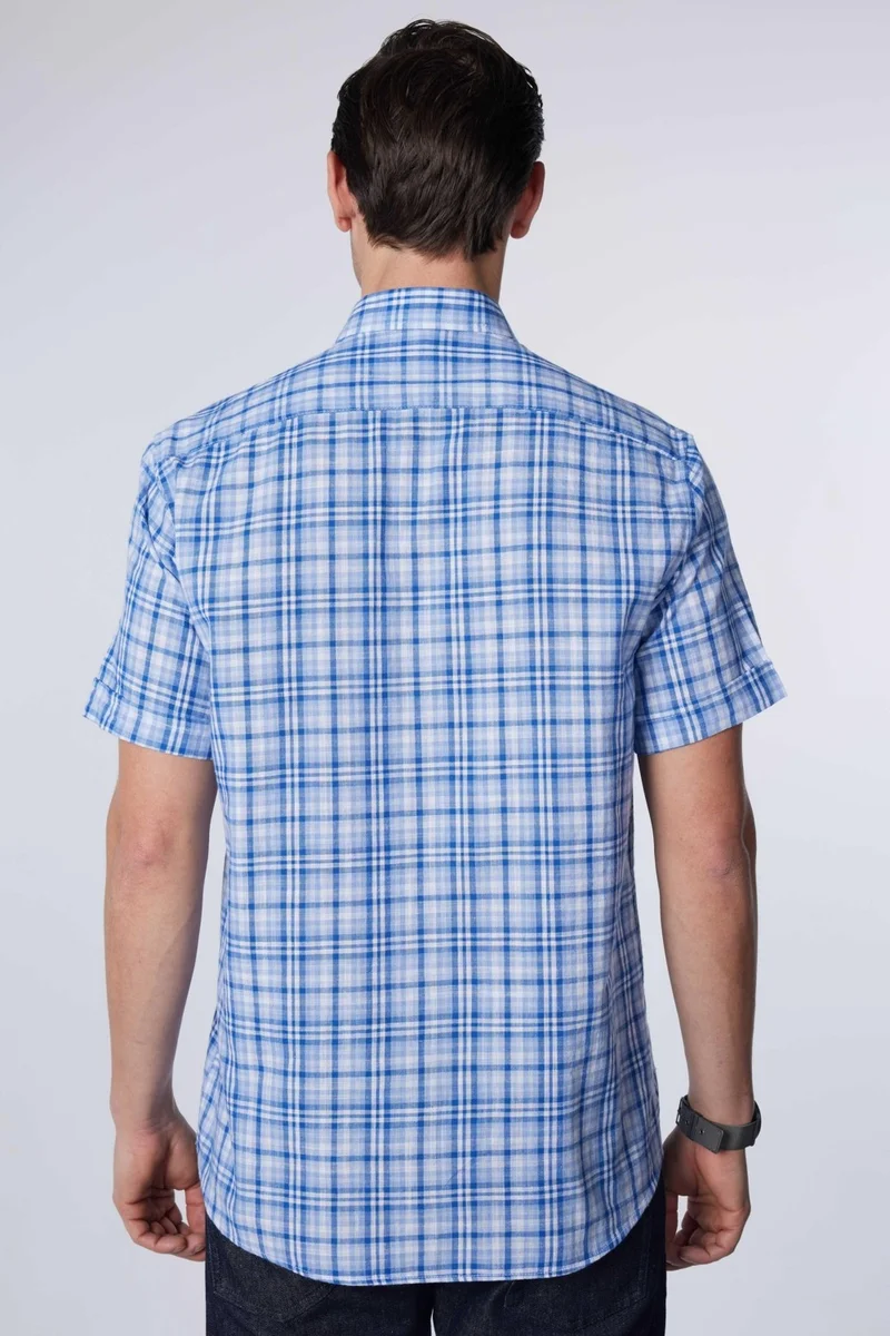 تودورس Classic Fit Short Sleeve Button Collar Single Pocket Checked Summer Linen Effect Men's Shirt