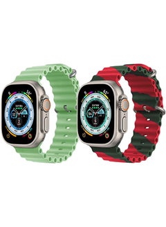 Silicone Ocean Band Strap for Apple Watch Ultra 8 49mm Mint Green Single Color Strap with Red/Green Double Line Strap Set of 2
