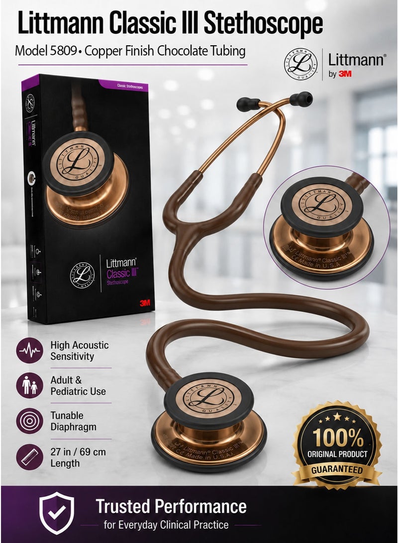 3M Littmann Classic III Monitoring Stethoscope Model 5809, Premium Copper-Finish Stainless Steel Dual-Sided Chestpiece, Chocolate Tubing, Adult and Pediatric Tunable Diaphragms, Soft-Sealing Eartips, Non-Chill Bell Sleeve, 27 Inch / 69 cm - Image 1