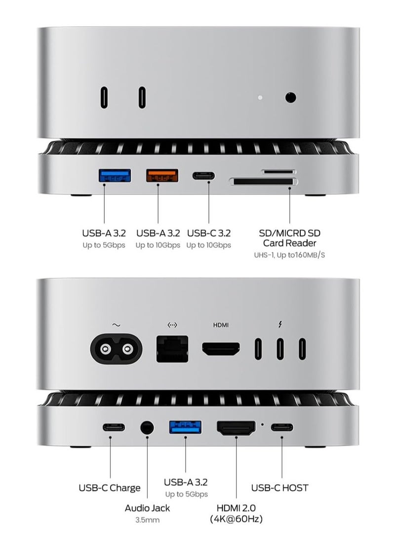 Raycue - Mac Mini M4 Dock, Aluminum Mac Mini Stand and HDMI Hub for Mac Mini M4 and M4 Pro 2024 with M.2 NVMe/SATA SSD Enclosure, 4K60Hz HDMI,10G USB A/C, 5G USB A*2, USB-C Charge, SD/TF, Audio - Image 1