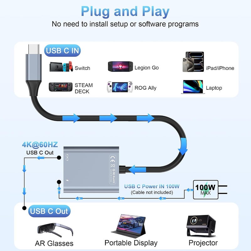 USB C to AR Glasses Adapter - Charging & Play Hub Converter for Smart Glasses, Powers Switch, Steam Deck, ROG Ally, iPhone 15, RayNeo, Rokid, Xreal & More - Image 3