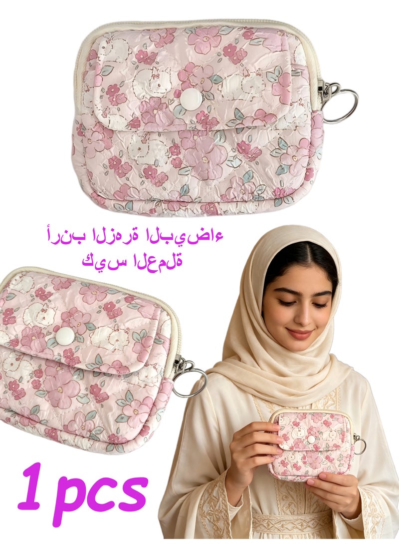 Cotton Quilted White Flower Rabbit Coin Pouch Cute Floral Print Zipper Mini Purse Wallet for Ladies Girls - Image 1