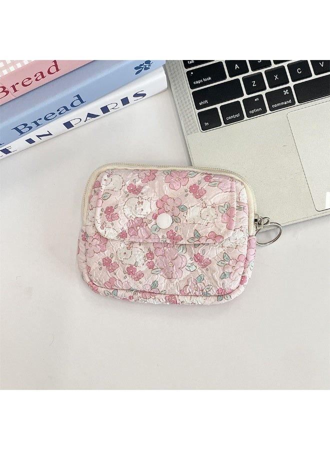 Cotton Quilted White Flower Rabbit Coin Pouch Cute Floral Print Zipper Mini Purse Wallet for Ladies Girls - Image 2