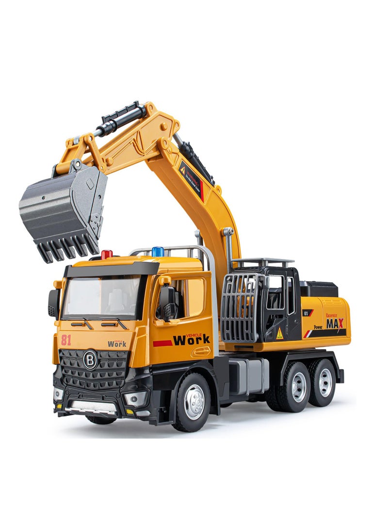 Excavator Toy Metal Cab, Big Digger Toys for Boys, Excavator Toy with Lights and Sounds, Friction Powered Construction Vehicles for Kids (Excavator)
