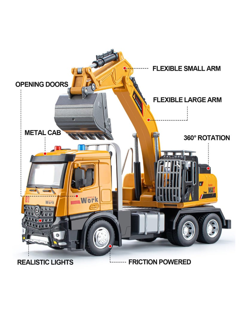 Excavator Toy Metal Cab, Big Digger Toys for Boys, Excavator Toy with Lights and Sounds, Friction Powered Construction Vehicles for Kids (Excavator)