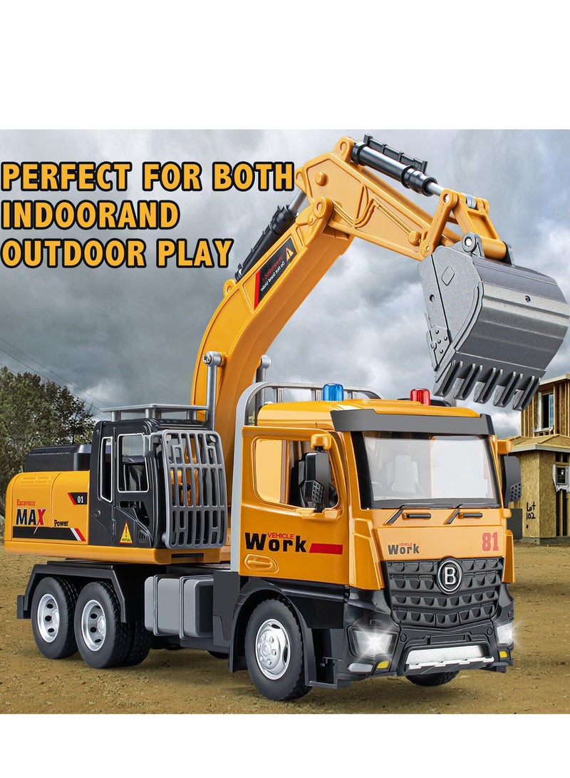 Excavator Toy Metal Cab, Big Digger Toys for Boys, Excavator Toy with Lights and Sounds, Friction Powered Construction Vehicles for Kids (Excavator)