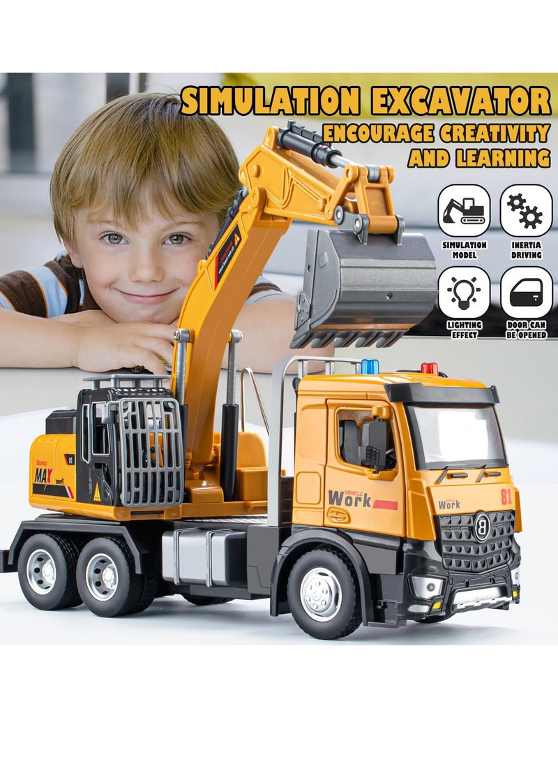 Excavator Toy Metal Cab, Big Digger Toys for Boys, Excavator Toy with Lights and Sounds, Friction Powered Construction Vehicles for Kids (Excavator)