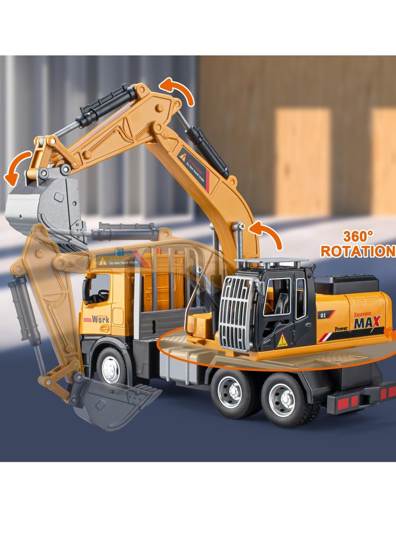 Excavator Toy Metal Cab, Big Digger Toys for Boys, Excavator Toy with Lights and Sounds, Friction Powered Construction Vehicles for Kids (Excavator)
