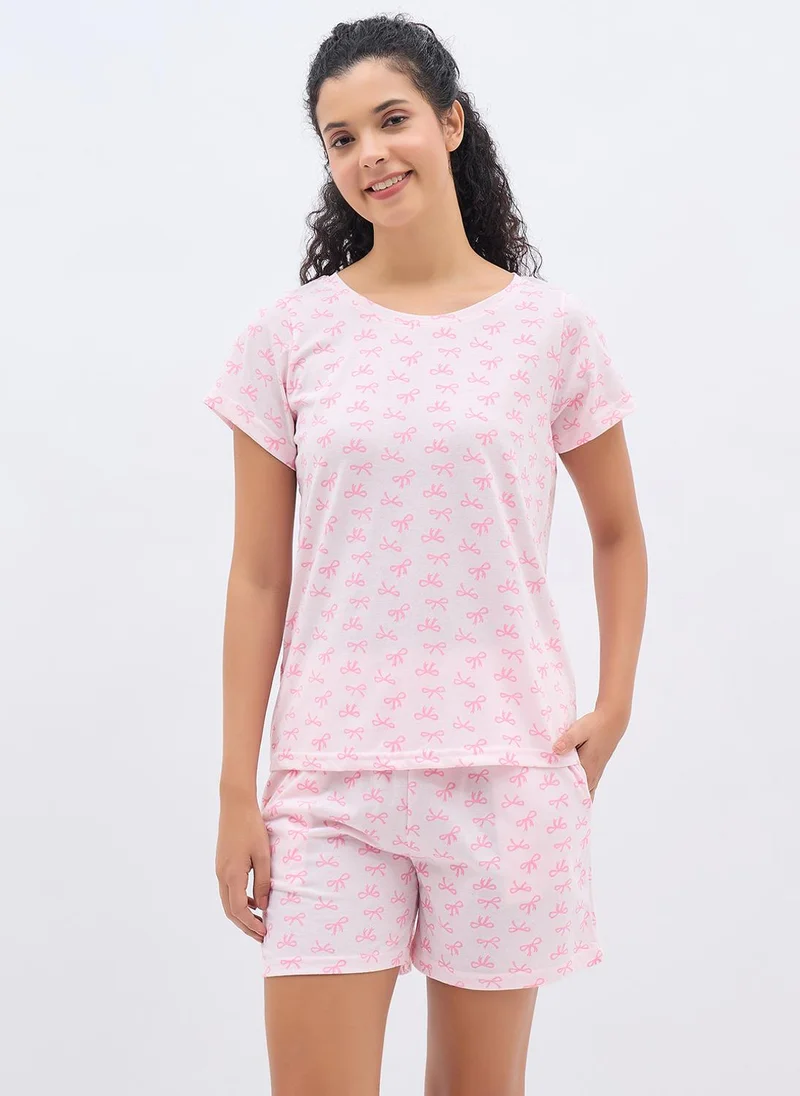 كلوفيا Clovia Bow Print Top & Shorts Set in Light Pink - 100% cotton