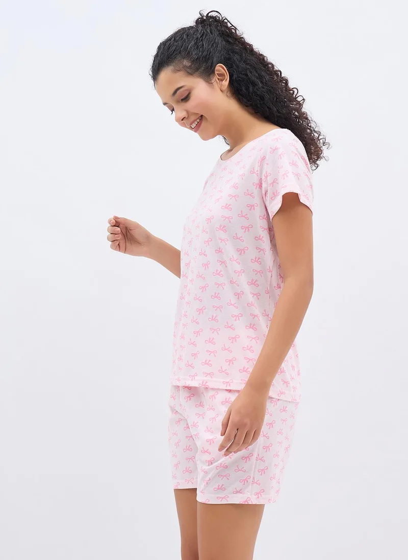 Clovia Pink Clovia Bow Print Top & Shorts Set in Light Pink - 100% cotton for Women | Best Price UAE