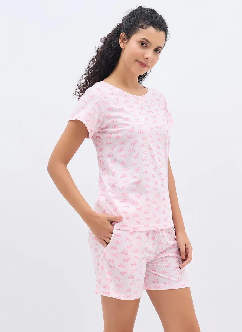 Clovia Pink Clovia Bow Print Top & Shorts Set in Light Pink - 100% cotton for Women | Best Price UAE