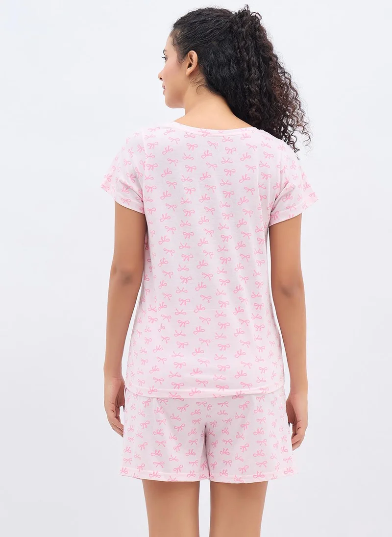 Clovia Pink Clovia Bow Print Top & Shorts Set in Light Pink - 100% cotton for Women | Best Price UAE