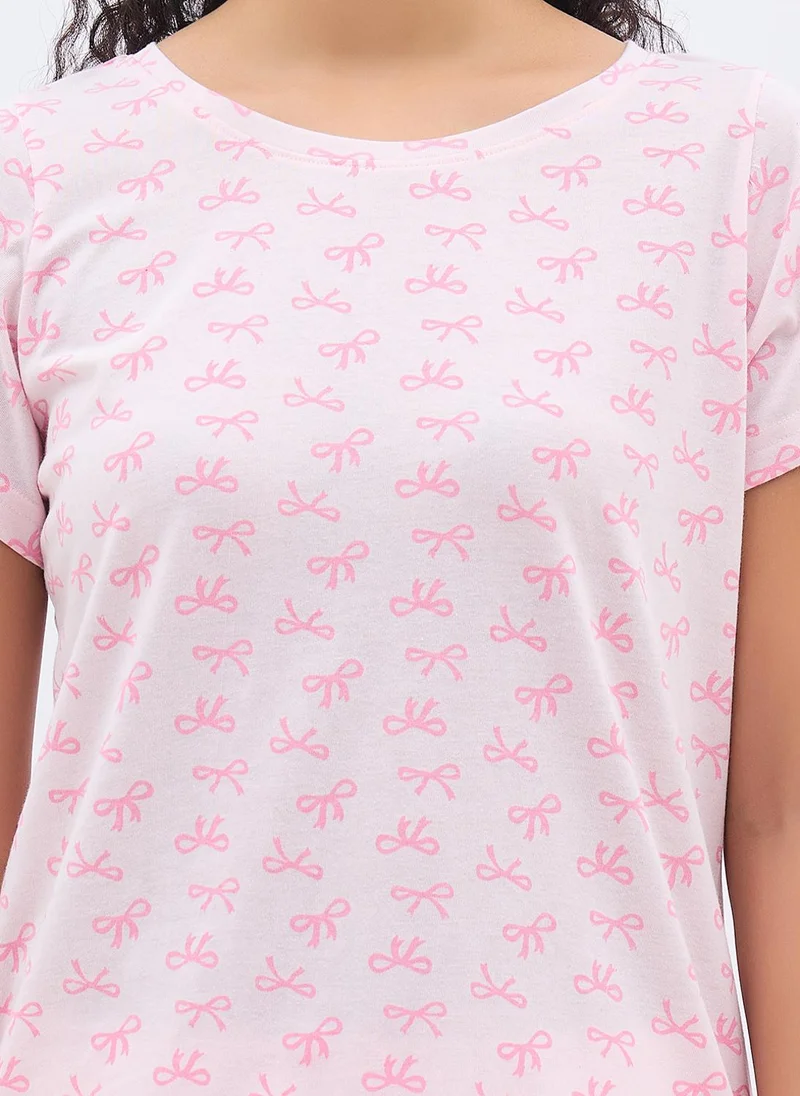 Clovia Pink Clovia Bow Print Top & Shorts Set in Light Pink - 100% cotton for Women | Best Price UAE