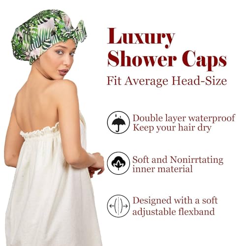 Luvruitaky Shower Cap Luxury Shower Caps for Women Reusable Waterproof Hair Cap for Shower with Adjustable Bowknot Hair Bath Cap (Green Palm) - Image 2