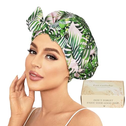 Luvruitaky Shower Cap Luxury Shower Caps for Women Reusable Waterproof Hair Cap for Shower with Adjustable Bowknot Hair Bath Cap (Green Palm) - Image 1