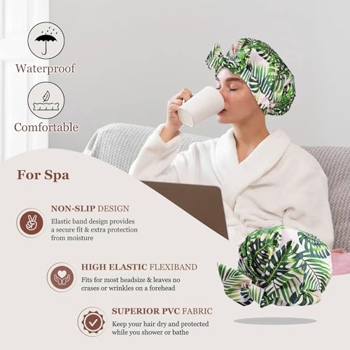 Luvruitaky Shower Cap Luxury Shower Caps for Women Reusable Waterproof Hair Cap for Shower with Adjustable Bowknot Hair Bath Cap (Green Palm) - Image 4