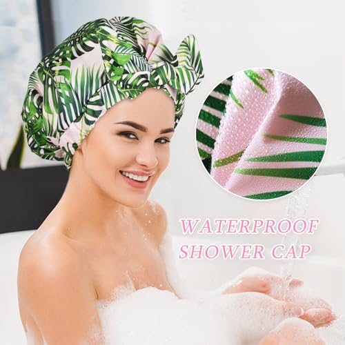 Luvruitaky Shower Cap Luxury Shower Caps for Women Reusable Waterproof Hair Cap for Shower with Adjustable Bowknot Hair Bath Cap (Green Palm) - Image 3