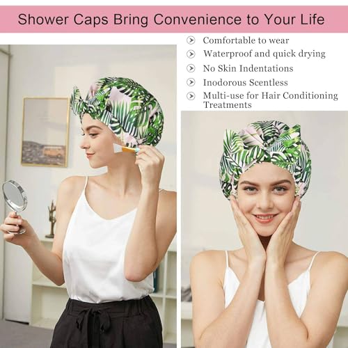 Luvruitaky Shower Cap Luxury Shower Caps for Women Reusable Waterproof Hair Cap for Shower with Adjustable Bowknot Hair Bath Cap (Green Palm) - Image 5