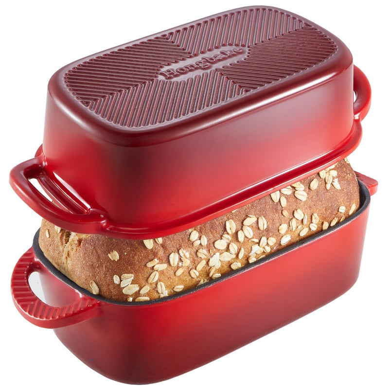 HONGBAKE Everline Collection 2 in 1 Enameled Cast Iron Loaf Pan with Lid, 9x5 Bread Pans for Baking Homemade Sourdough, Non-Toxic Large Loaf Tins, Even Heating Bread Dutch Oven, Red - Image 1