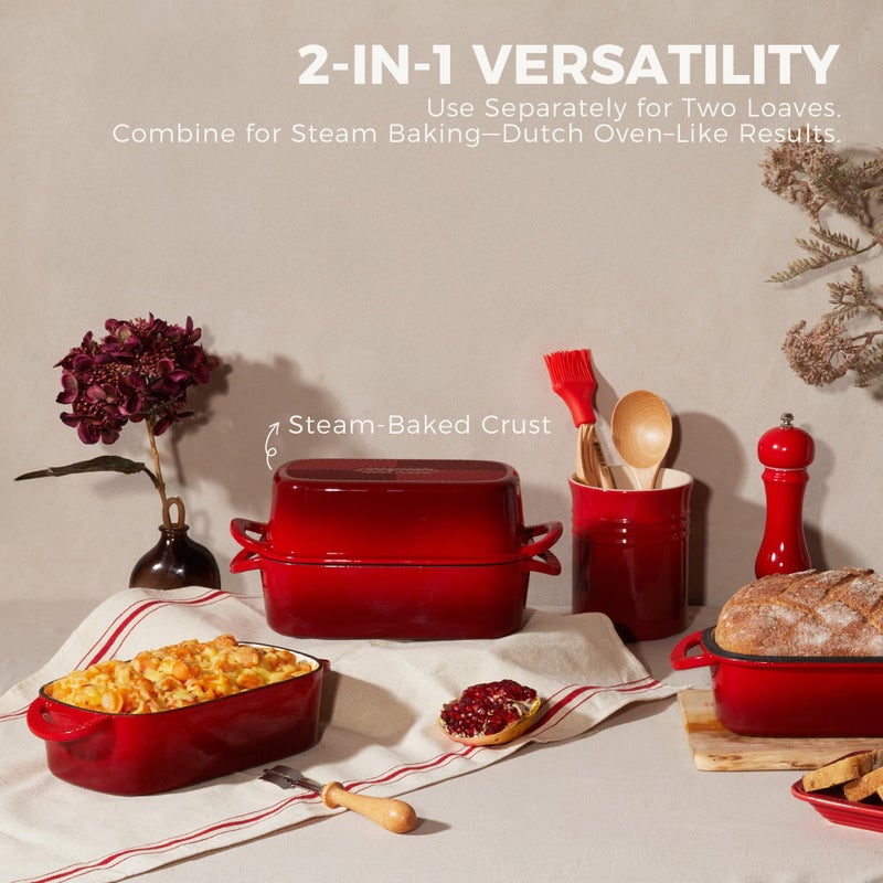 HONGBAKE Everline Collection 2 in 1 Enameled Cast Iron Loaf Pan with Lid, 9x5 Bread Pans for Baking Homemade Sourdough, Non-Toxic Large Loaf Tins, Even Heating Bread Dutch Oven, Red - Image 5